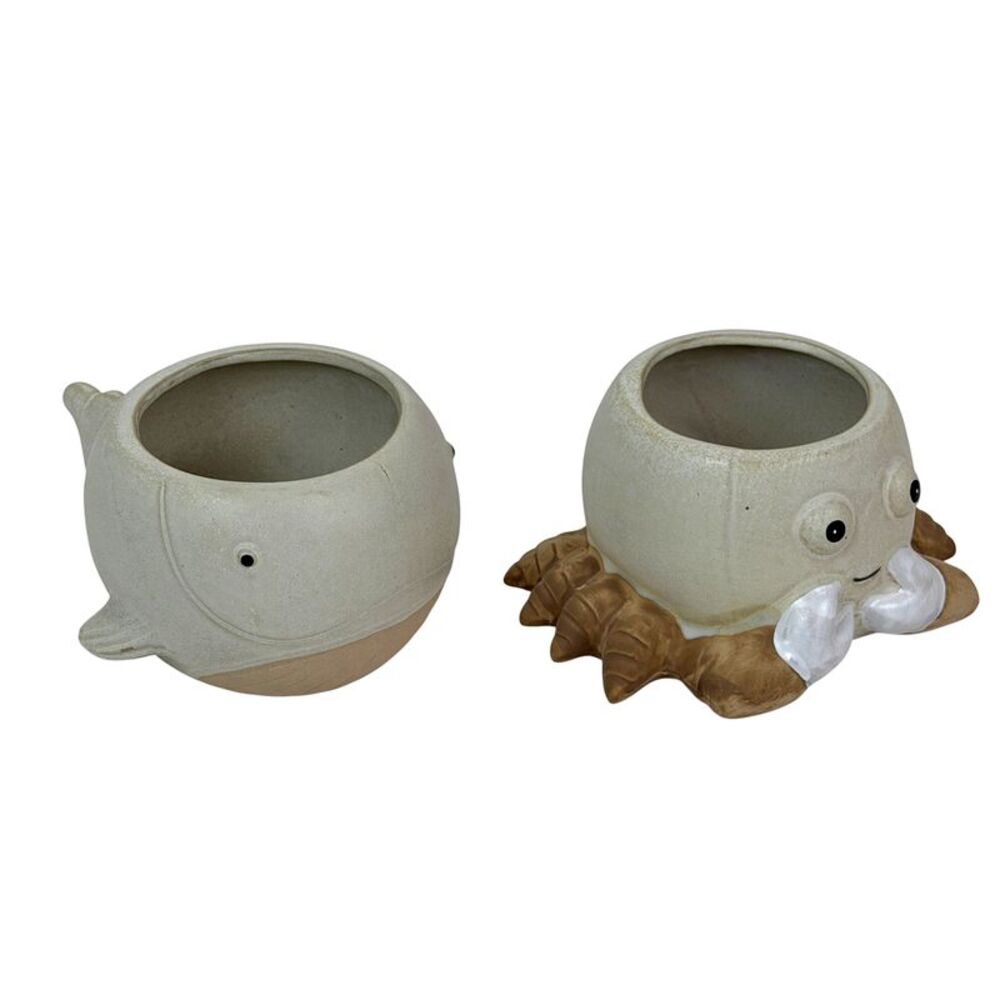 Ceramic Crab and Whale Planter Set Beige Marine Animal Pots 7.5 Inch